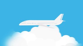 Cartoon Air-Plane flying above the clouds you can easy to put your logo on the airplane, airplane flying over blue sky with space for your logo or text, seamless loop full hd and 4k.