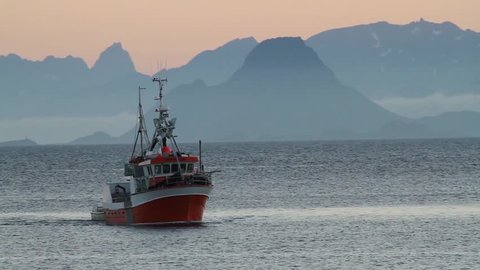 return from fishing archipelago of Lofoten Islands in Norway UNESCO World Heritage site