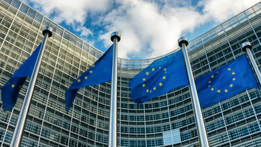 European Union flags waving in the wind in front of European Commission. Brussels, Belgium. Slider shot, full HD, 1080p Royalty-Free Stock Footage #22965847
