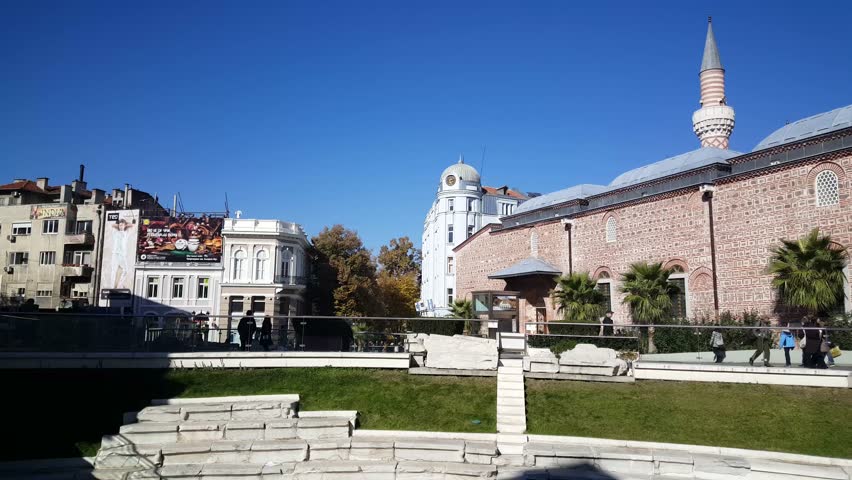Ancient Stadium of Philipopolis and the Dzhumaya Mosque in the old town of Plovdiv Bulgaria