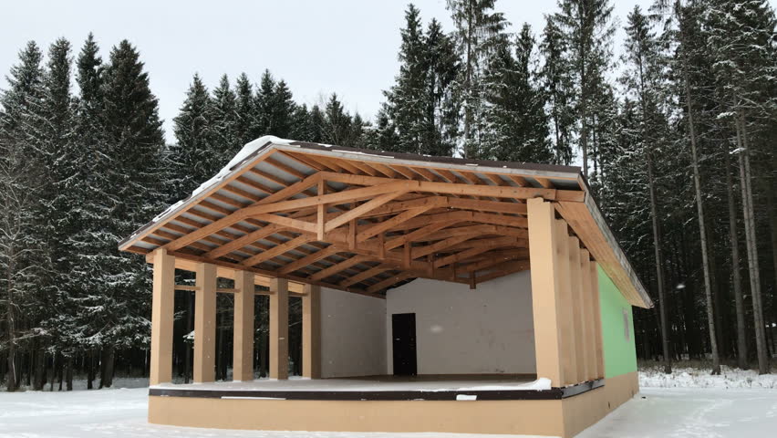 Stage building in the park in winter. static video