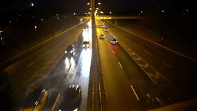 Evening highway with moving cars, view from bridge, city life, transportation