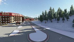 Road to the hotel complex in the mountains. Ski resort. 3D animation. Three dimensional rendering video.