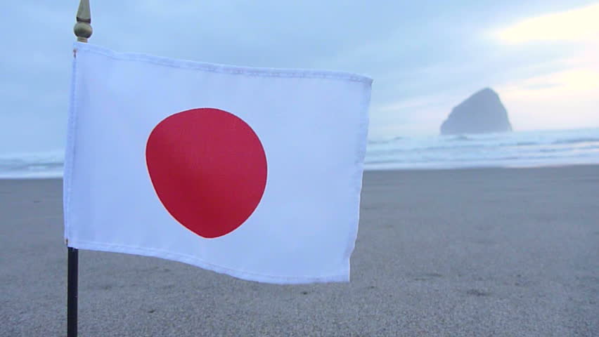 Japan flag waving on sandy beach, Pacific Ocean
