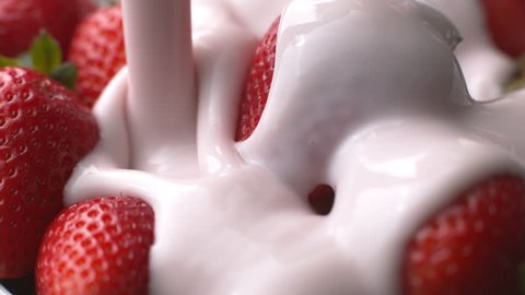 Pouring yogurt onto strawberries in super slow motion, shot on Phantom Flex 4K