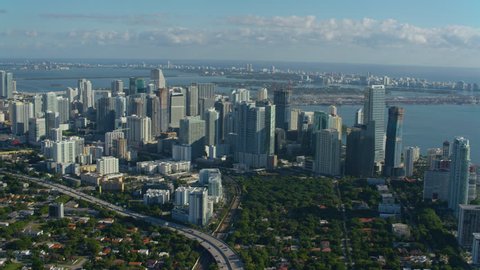 Aerial view of downtown Miami, Florida with Miami Beach in background