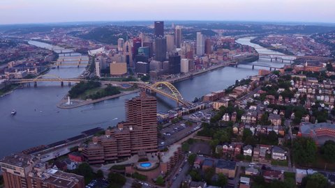 Aerial view of Pittsburgh, Pennsylvania at dusk