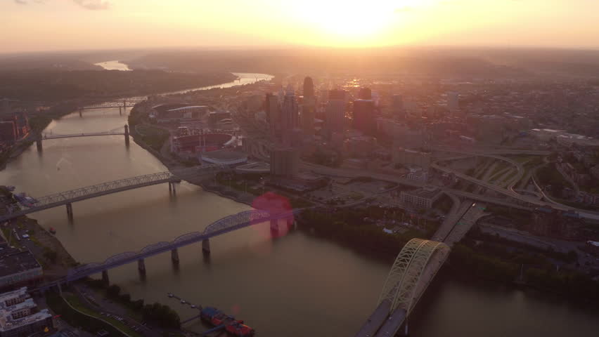 Aerial view of Cincinnati, Ohio at sunset