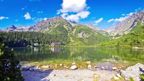 Picturesque summer view of Lake Popradske pleso in High Tatras, Slovakia. Time Lapse