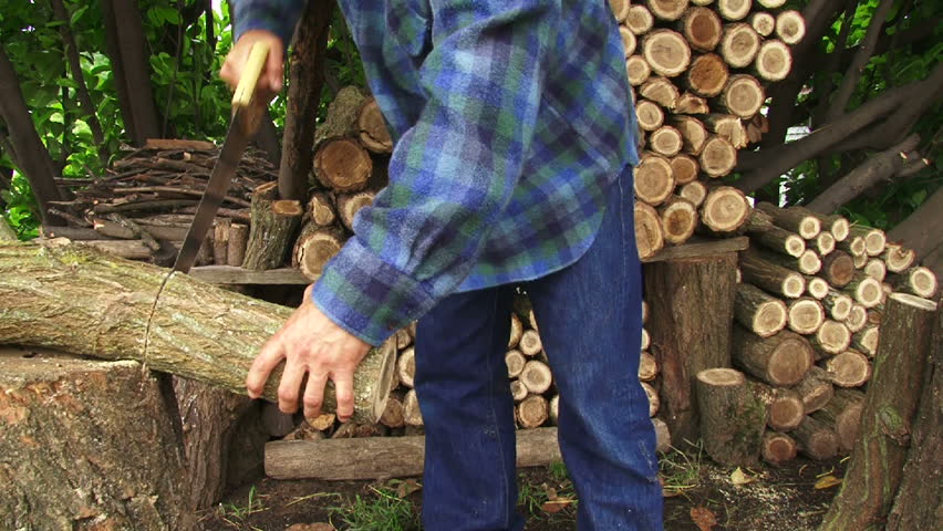 Man uses hand saw and cut wood for wood pile.