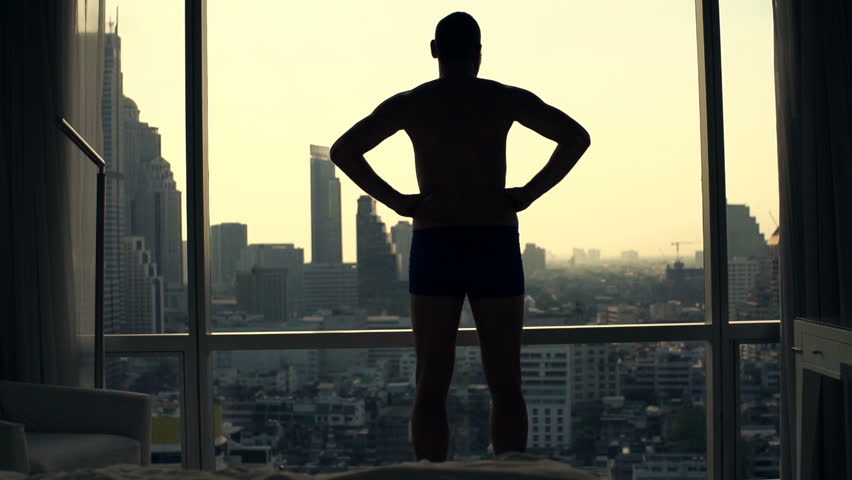 Silhouette of young man admiring view from window at home
