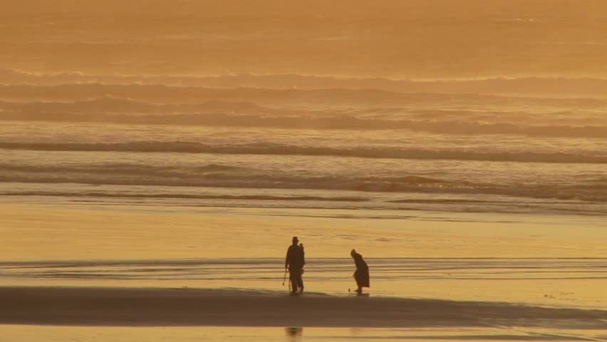 Man and woman walking during sunset at beach playing fetch with their dog.