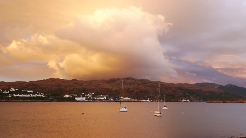 Small boats at Kyle Akin during sunset time in late summer, Kyle of Lochalsh, Isle of Skye, Highland Region, Scotland, United Kingdom
