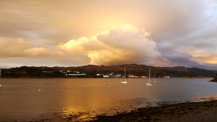 Small boats at Kyle Akin during sunset time in late summer, Kyle of Lochalsh, Isle of Skye, Highland Region, Scotland, United Kingdom
