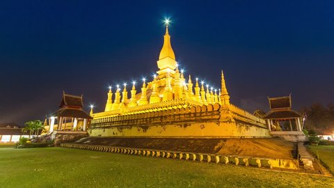 Pha That Luang Vientiane Grate Stupa Landmark Travel Place Of Vientiane, Laos 4k Hyperlapse Day to Night