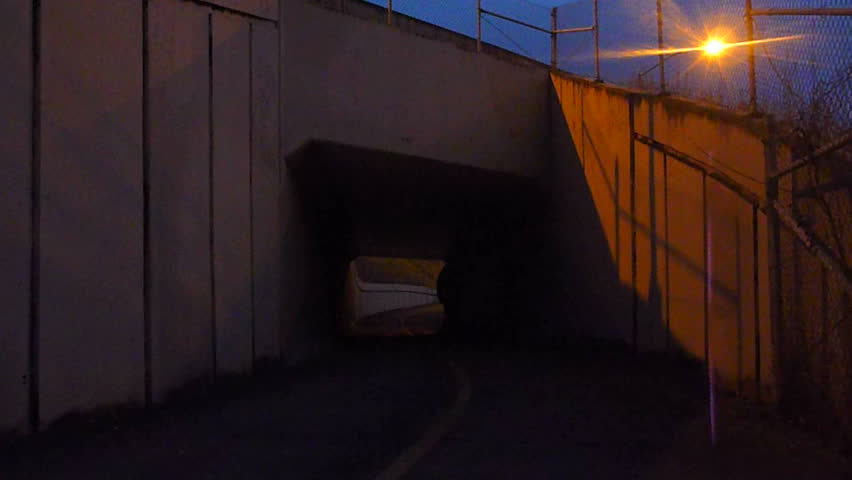 Man skateboards away, down concrete pathway through tunnel with sound.