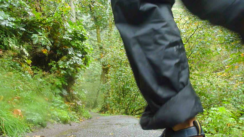 Man in Oregon forest hikes down path during rain storm with raincoat and hiking