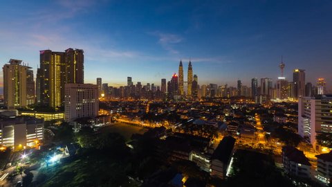 Time lapse: Kuala Lumpur city view during dawn overlooking the city skyline with busy light trail