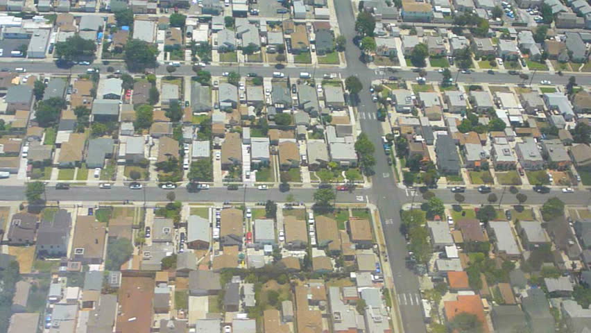 Flying in airplane over Los Angeles, California.