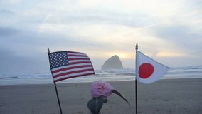 Person sets flower, Japan and United States of America flag into sand at the ocean as a memorial to the earthquake victims. - Powered by Shutterstock - Get 15% off with code: PIKWIZARD15