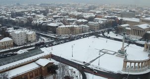 Aerial video shows the snow covered Heroes Square in Budapest, Hungary