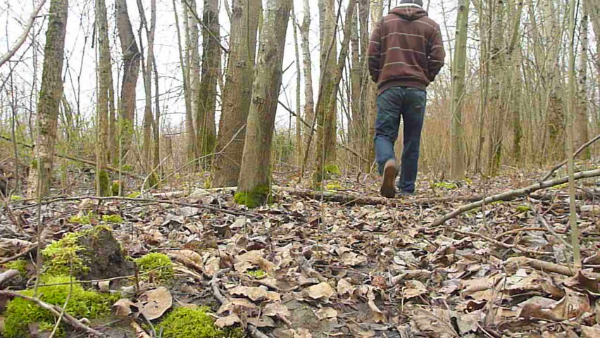 Man walking away from camera in bare forest in winter.