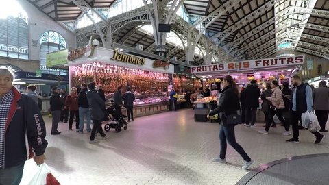 VALENCIA, SPAIN - JANUARY 12, 2017: Inside the Mercado Central of Valencia. The Mercado Central is a public market that sells fresh food of all types. The market was built between 1914 and 1928.