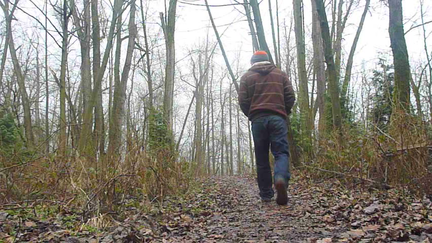 Man walking away from camera in bare forest in winter.