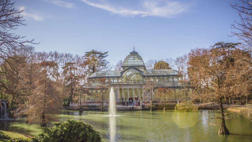 Time-lapse of Crystal Palace (Palacio de cristal) in Retiro Park, Madrid, Spain.