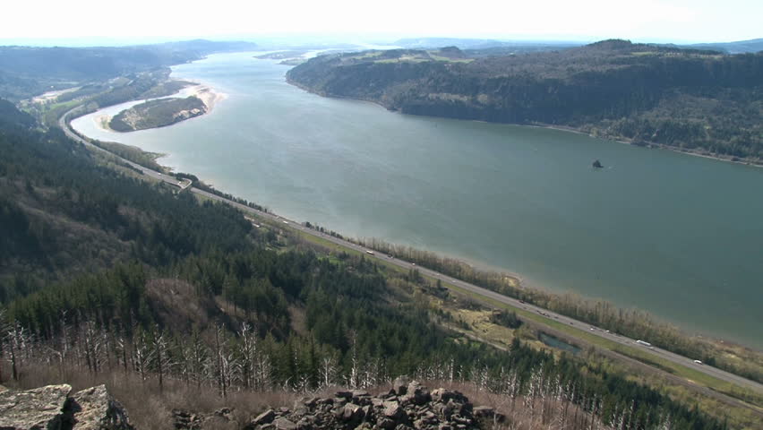 High vantage point atop Angel's Rest in the Oregon Gorge shows the Columbia