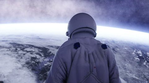 alone astronaut in futuristic spaceship, room. view of the earth. cinematic 4k footage.