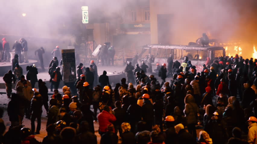 Kiev, Ukraine, January 2014: Protesters against the policy of President Yanukovych gathered near the government quarter in Kiev on the street Grushevskogo January 19, 2014