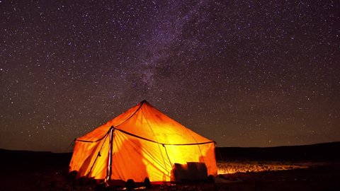 4k timelapse of the Milky Way passing over a Haima, a nomadic tent, in the Sahara desert, near the dunes of Erg Chegaga, in Morocco.