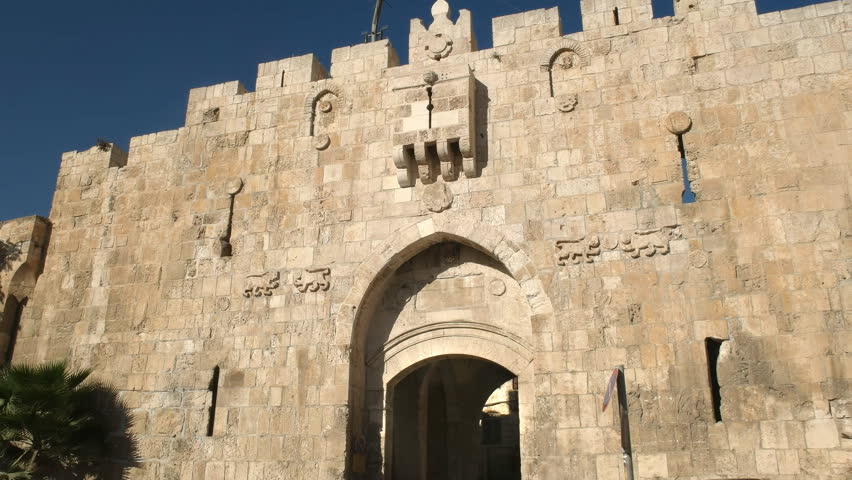 close up of the lion gate entrance to the old city of jerusalem in israel