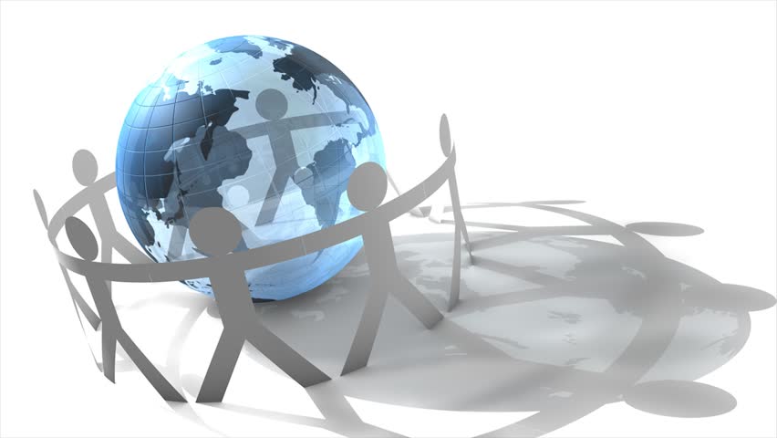 Human figures circling globe.
