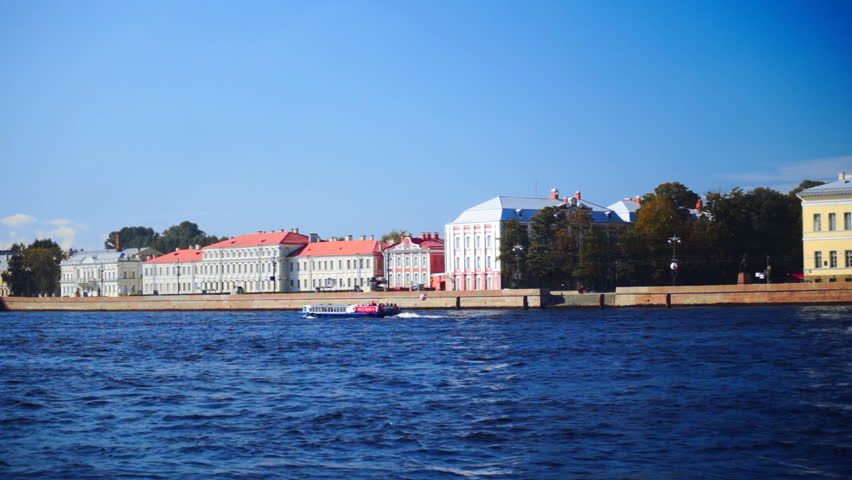 Neva River University Embankment in St.petersburg, Russia, View From Opposite Bank