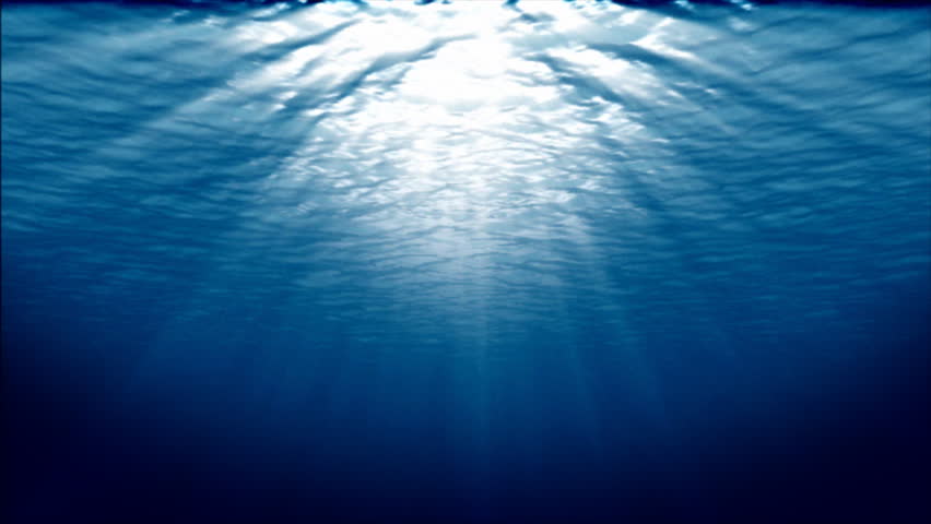 Underwater moving forward,sunbeams shining through water's surface,seamless loop