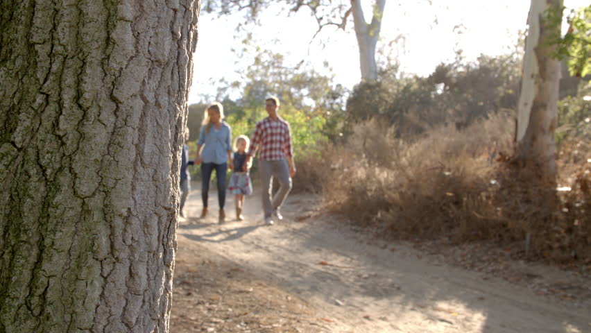 Young white family walking on a path in sunlight, front view