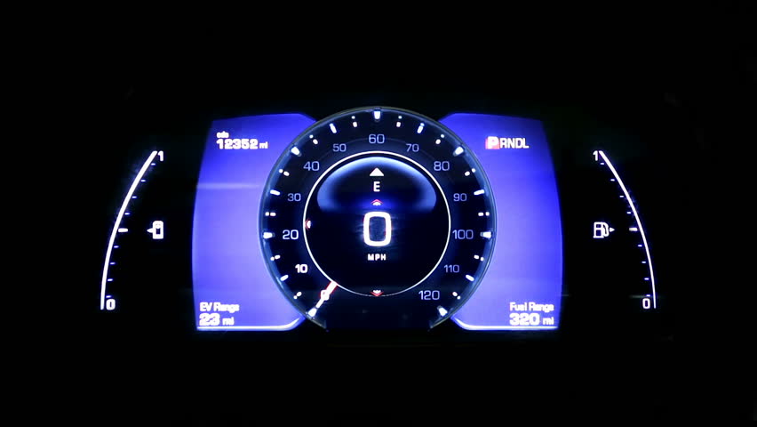 Modern light car mileage (dashboard, milage) isolated on a black background. New display of a modern car. Futuristic. Royalty-Free Stock Footage #23122921