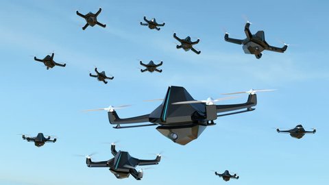 Swarm of security drones with surveillance camera flying in the sky. 3D rendering animation.