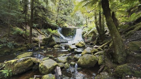 wide shot of horseshoe falls at mt field national park in tasmania, australia