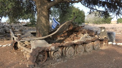 GOLAN HEIGHTS, ISRAEL - 5 NOVEMBER 2016: Monument of a destroyed tank, commemorating fallen Israeli soldiers during the 1967 Six Day War on the Golan Heights
