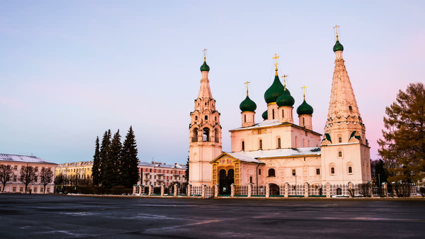 Yaroslavl, Russia moving time-lapse. Church of Elijah the Prophet in Yaroslavl, Russia with sunset colorful sky. It is a famous landmark in the city located at the Soviet square