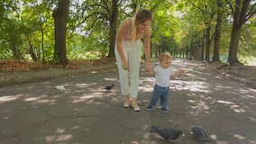 Adorable baby boy walking at park with mother and feeding pigeons with bread