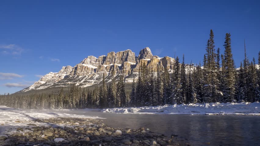 Time lapse of scenic Bow river and Castle Mountain in winter Banff National Park Alberta Canada