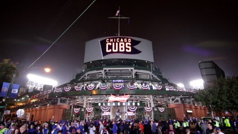 Chicago, Illinois - October 29th, 2016: Behind historic Wrigley Field during game 4 of the 2016 Major League Baseball World Series at the corner of Waveland and Sheffield. Cubs vs. Indians tilt down