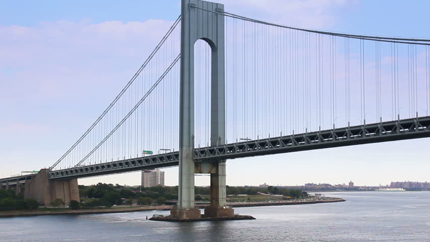 Time lapse shot traveling under the Verrazano-Narrows Bridge in New York Harbor