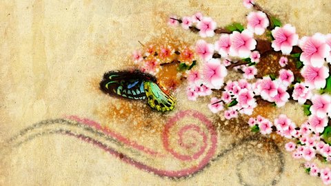 old style decorative backdrop with growing paint flowers and butterfly in japan style