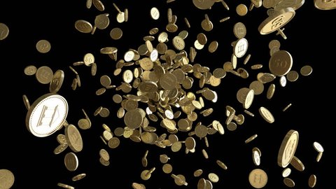 Gold coins exploding to the camera. 3D animation with alpha channel.