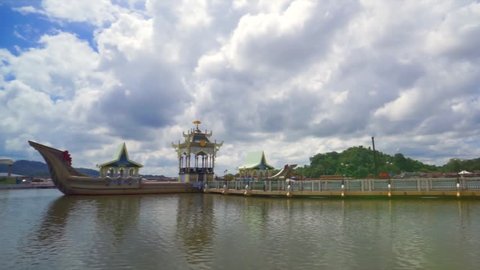 Bandar Seri Begawan,Brunei-Nov 12,2016:A marble bridge across the lagoon brings to a replica of a 16th century Royal Barge in the famous Sultan Omar Ali Saifuddien Mosque in Brunei Darussalam.